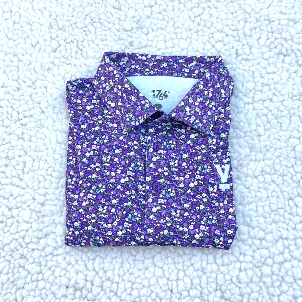1764 Mens Purple Floral Short Sleeve Polo Shirt Sz Large
